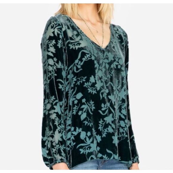 Jade Johnny Was Green Silk Floral Velvet Burnout Tiered Long Sleeve Top Small - Picture 2 of 10